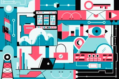 Data storage items background of security and wireless network. Stock Illustration