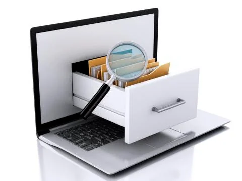 Data storage. laptop and files 3d 스톡 일러스트