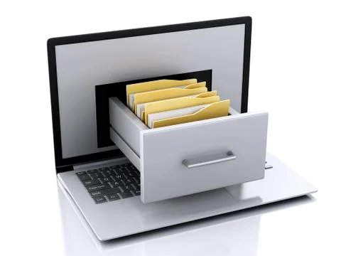 Data storage. laptop and files 3d 스톡 일러스트