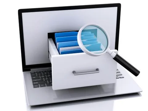 Data storage. laptop and files 3d Illustrazione stock