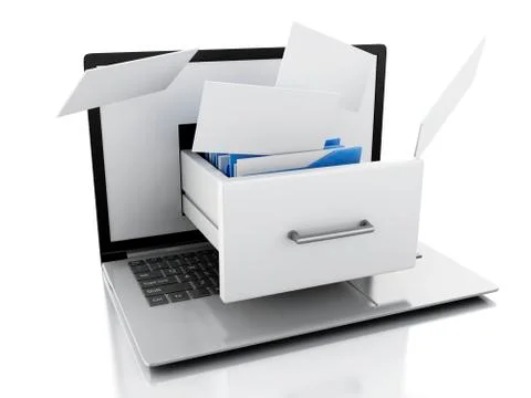 Data storage. Laptop and files 3d Illustrazione stock