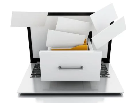 Data storage. Laptop and files 3d Stock Illustration