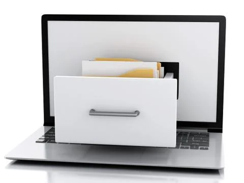 Data storage. Laptop and files 3d Stock Illustration