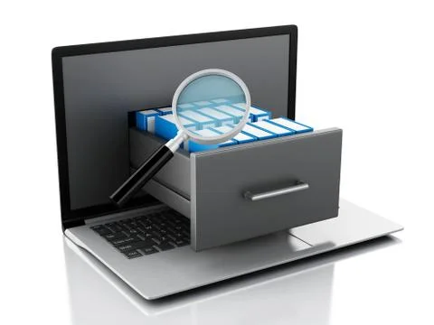 Data storage. Laptop and files 3d Stock Illustration