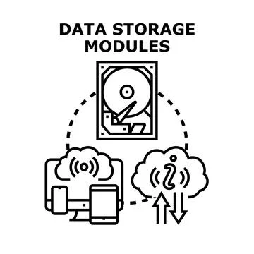 Data storage modules connecting various digital devices Stock Illustration
