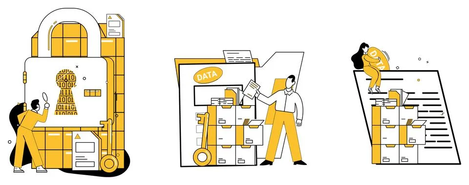 Data storage. The network server is backbone, facilitating data transfer across Illustrazione stock