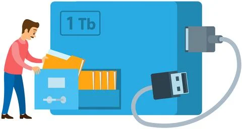 Data storage on portable device. Man stacking folders with information in Stock Illustration