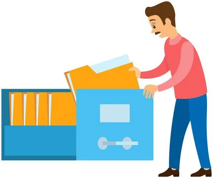 Data storage on portable device. Man stacking folders with information in drawer Stock Illustration