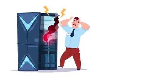 Data storage problem center with hosting servers and staff. error computer Stock Illustration