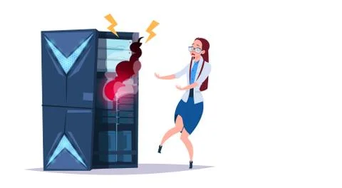 Data storage problem center with hosting servers and staff. error computer Stock Illustration