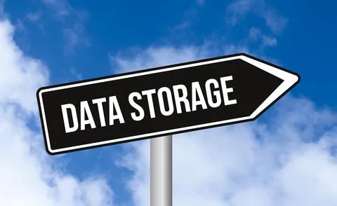 Data storage road sign on sky background Stock Photos