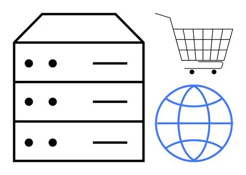 Data Storage Server with Shopping Cart and Global Internet Connection Symbols Stock Illustration