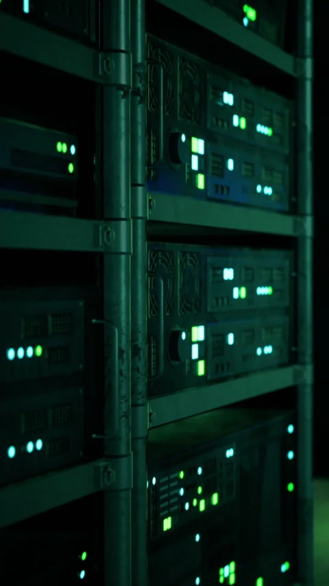 Data storage servers display lights in tech environment during nighttime Stock Footage 338426469