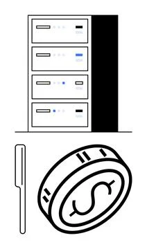 Data Storage Servers with Financial Growth Concept Depicted by Coin and Pen Stock Illustration