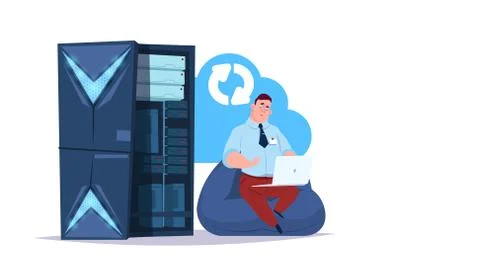 Data storage synchronization cloud center with hosting servers and staff Illustrazione stock