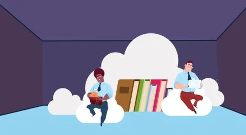 Data storage synchronization cloud center with books and staff. Computer イラスト素材