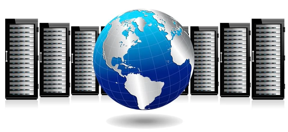 Data Storage System - Row of Network Servers with Globe Stock Illustration