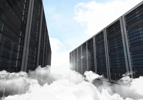 Data storage system towers against sky in background Stock Photos