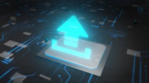 Data storage Technology Concept with cloud upload symbol glowing hologram 3D  Illustrazione stock