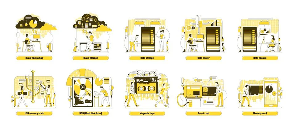 Data storage thin line concept vector illustrations set Stock Illustration