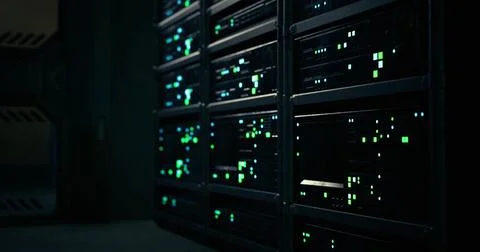 Data storage units illuminate a dark room with green lights and technology Stock Illustration