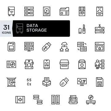 Data Storage Vector Icon Library with 35 Regular Line 256x256 Detail Enhanc.. Illustrazione stock