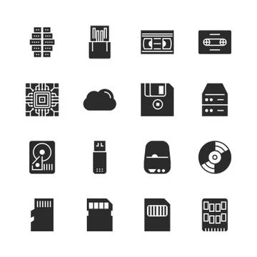 Data storage vector solid icon set Stock Illustration