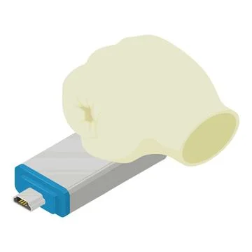 Data store icon isometric vector. Metal portable white flash drive and hand icon Stock Illustration
