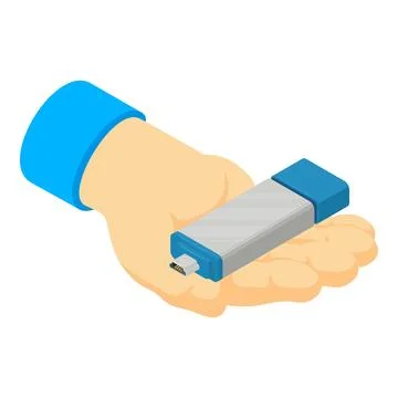 Data store icon isometric vector. Metal portable white flash drive in human hand Stock Illustration