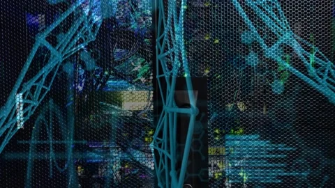 Data streaks aligning, teal lattice shifting across hex grille, revealing LEDs Stock Footage 328229767