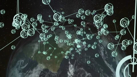 Data stream activating cyan node network above Earth, nodes forming hubs and Stock Footage 332566232