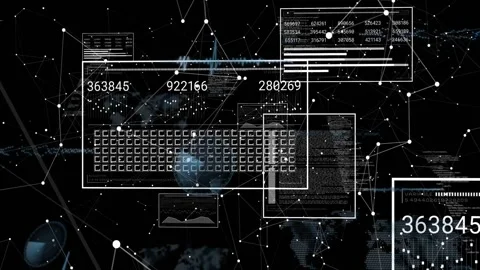 Data stream activating UI cluster, keyboard sliding while counters, charts, Stock Footage 331160954