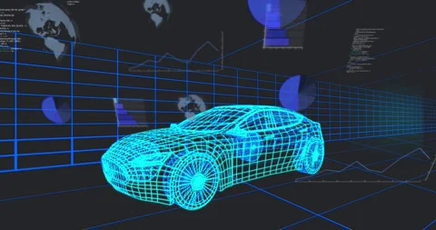 Data stream appearing sending charts down, cyan wireframe car staying centered, 스톡 동영상 321783183