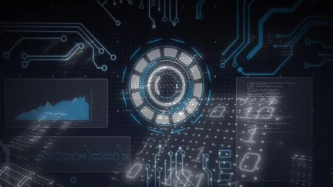 On data stream arrival central HUD hub rotating, pulsing and emitting digits to Stock Footage 334315805