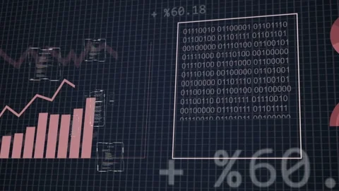 Data stream arriving HUD cluster updating charts 0 or 1 flowing bars and donuts Stock Footage 334337783