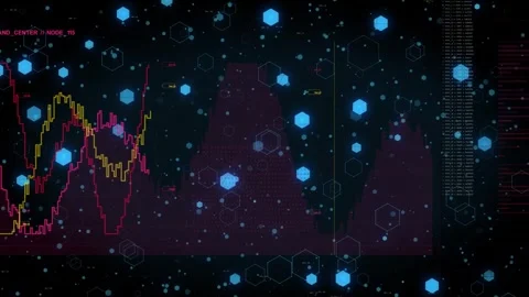 Data stream arriving, updating UI for ops with drifting blue hex and climbing Stock Footage 335317437