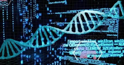 Data stream driving 3D DNA helix rotating over dark grid with code and flares 库存插图