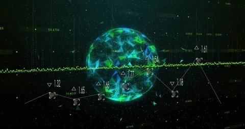 Data stream driving faceted globe rotating and pulsing while nodes updating Stock Footage 328469497