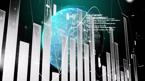 Data stream driving globe rotating bars shifting, trend line sweeping boxes Stock Footage 331789183