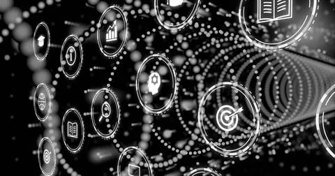 Data stream entering tunnel activating icon nodes, showing tech connectivity Stock Illustration