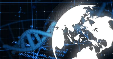 Data stream initiating helix movement for biotech, DNA helix weaving toward Stock Footage 334115416