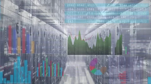 Data stream initiating HUD overlays over data center aisle, animating charts and Stock Footage 332577698
