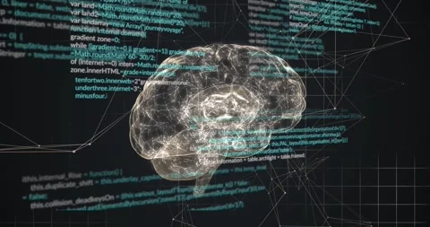 On data stream start glowing 3D brain rotating, pulsing, code scrolling, showing Stock Footage 328485899