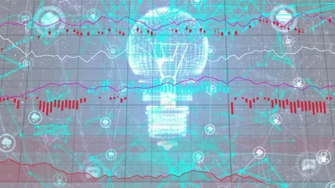 Data stream starting, hologram bulb brightening, teal nodes pulsing and charts Stock Footage 334788370