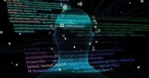 Data stream starting, holographic head rotating while code scrolling, mapping Stock Footage 328485974