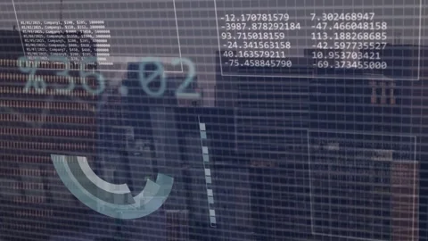 Data stream starting HUD assembling on grid glass, pie rotating, bars growing, Stock Footage 333817782