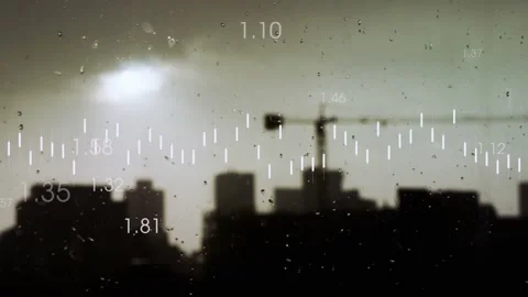 Data stream starting over rain glass skyline, red line animating along tick Stock Footage 334768680