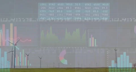 Data stream starting, overlaying clear charts above turbines, fading, sliding, Stock Footage 334316259