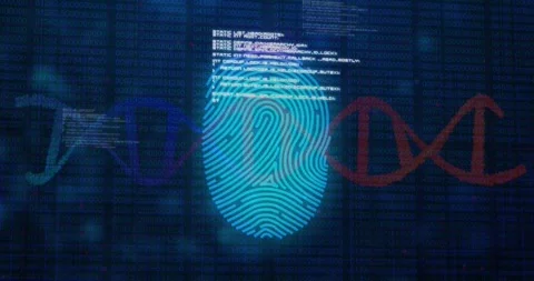 Data stream starting scan, fingerprint pulsing while helix entering and code Stock Footage 329812679