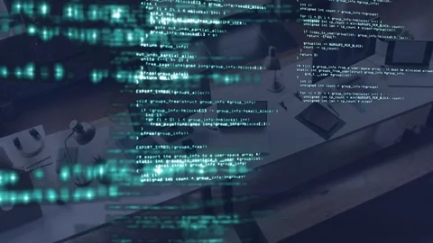 Data stream starting teal overlay scrolling over desk, seated worker leaning, Stock Footage 335282609